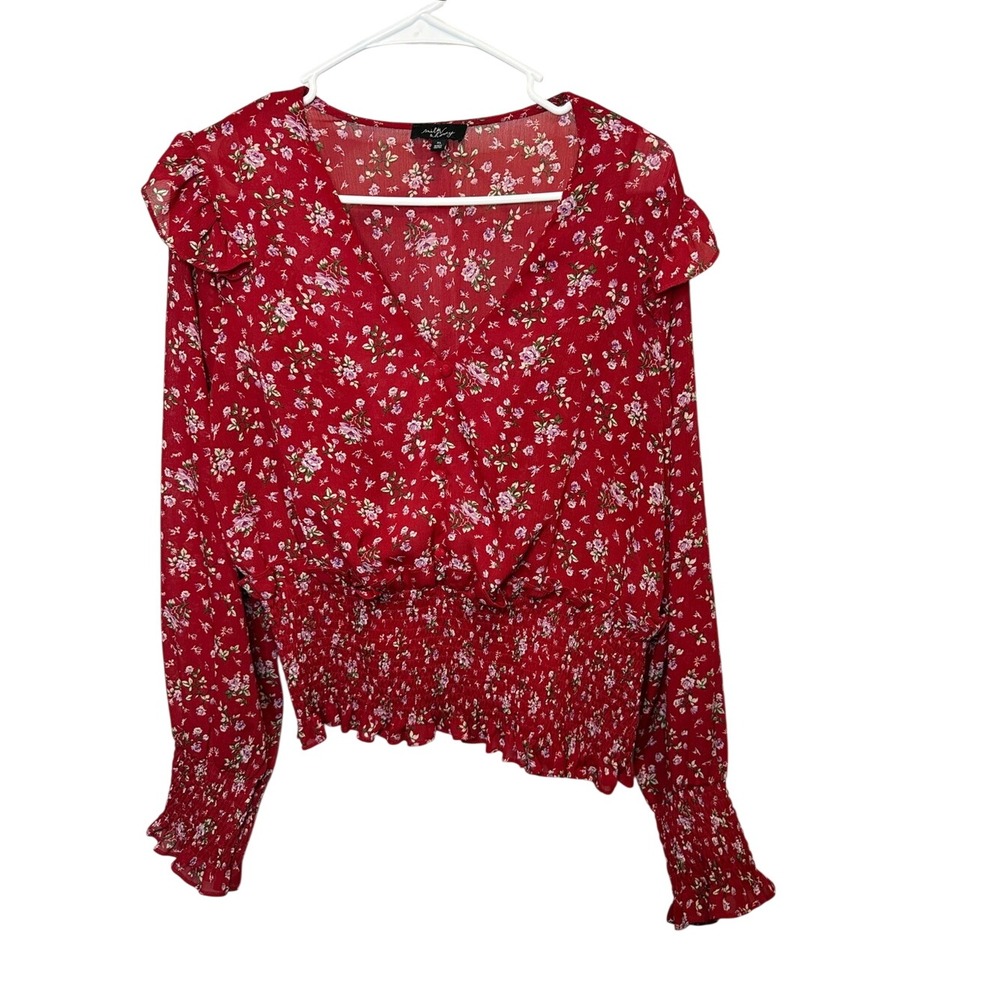 Milk & Honey Red Floral Smocked Peplum Blouse Ruffle Shoulder V-Neck XL